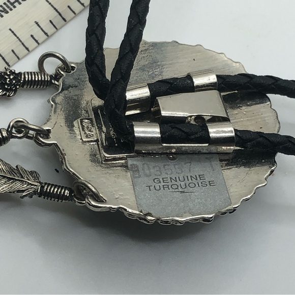 Ssi USA Turquoise & Pewter Bull Skull Pewter Bolo w Feathers 29” + 4” Pendant - Picture 4 of 9
